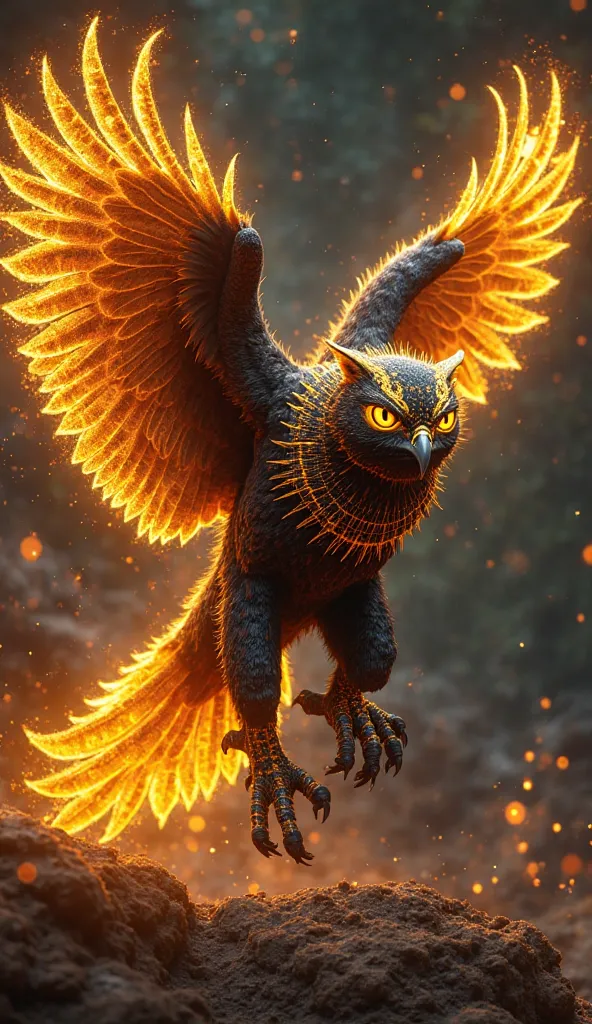 A majestic yet deadly hybrid of the Black Panther (T’Challa) and the Sunflare Owl, this creature is a fusion of shadow and radiance, a master of both stealth and celestial power. Its sleek, obsidian-black fur is interwoven with glowing golden patterns that...