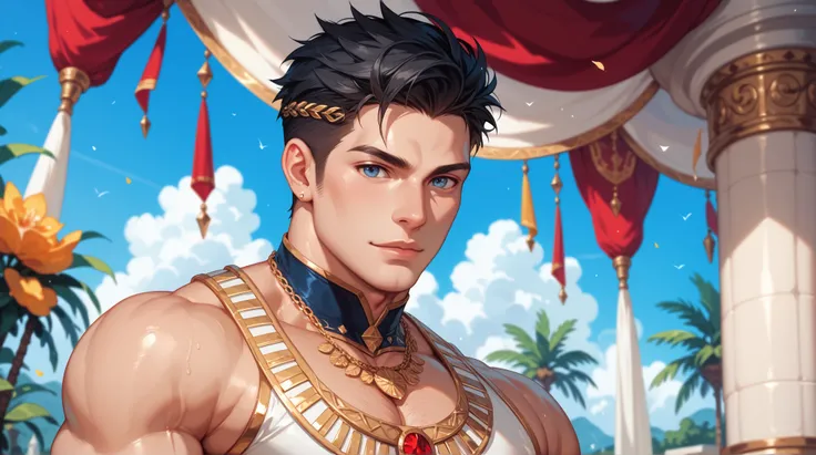 A moderately muscular man, masculine and very attractive with short black hair. The man has creative but tight clothes showing his curves and so on, The clothes have a lot of accessories and gold metals and so on, As if I were a royal. The man's body is fu...