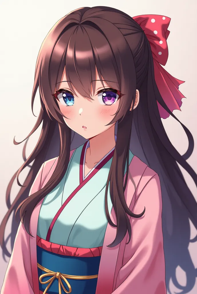 anime girl with brown long hair and her infront hair is behind her ear one eye light blue and the other light purple she wear an arabian tirara ginshin style a bit of dark skin wearing a mini kimono degrade light turqwaze and light pink