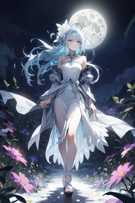 Beautiful and magical elemental spirit girl with long flowing hair, ethereal spiritual dress, walking through a field of crystal flowers as dark rainbow moonlight makes the flower glow with a luminous light
