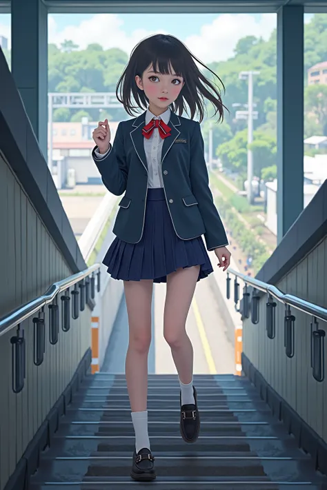 　 best image quality、score_9,  score_8_ up 、masterpiece、from below、1 Japanese girl、female high school students、uniform、 blazer、panties、Thigh Highlighted、loafers、 station stairs、