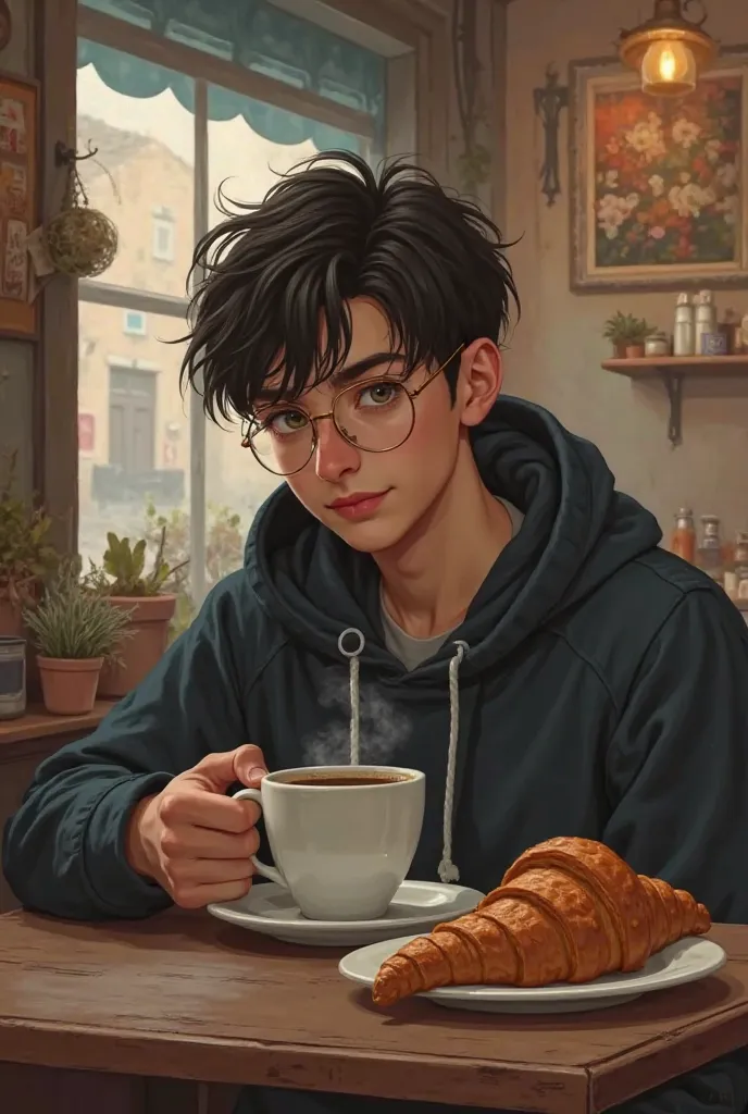 Small town boy lost a girl and looking for her everywhere still there is a contentment in his eyes 

He is in the middle of a coffee shop having a coffee and a croissant  🥐 