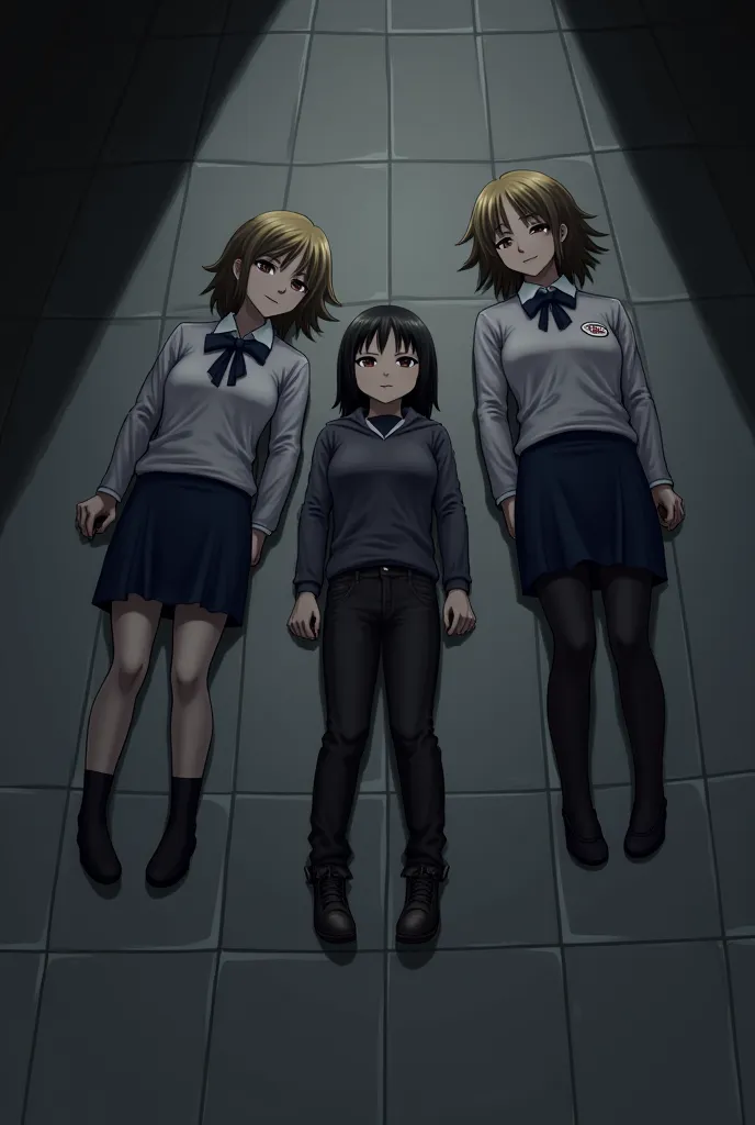 Anime photos on the school floor lie two dead s of girls in school uniforms with black and blond hair, and between them lies one girl with brown hair wearing black jeans and a hoodie