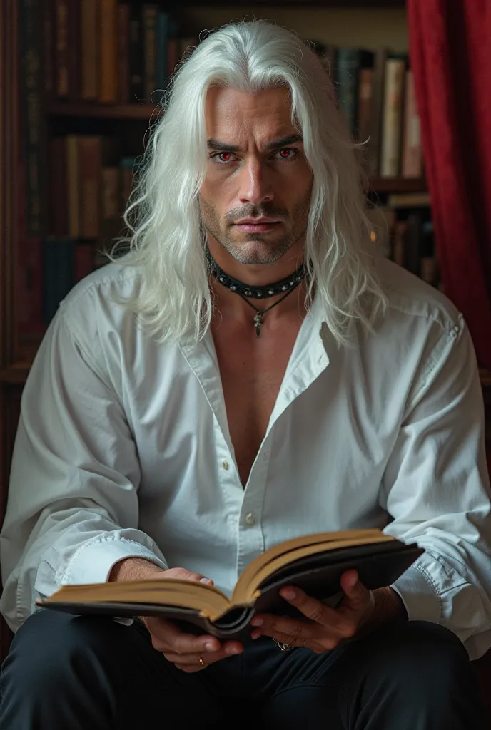 A, vampire, handsome, attractive, sexy, hot, long white hair, bright crystal red eyes, long lashes,  bold, soft full lips, where’s a black chocker, charming smile, porcelain skin, broad shoulders and hard muscular body, thick breast, vampire, 270 years old...