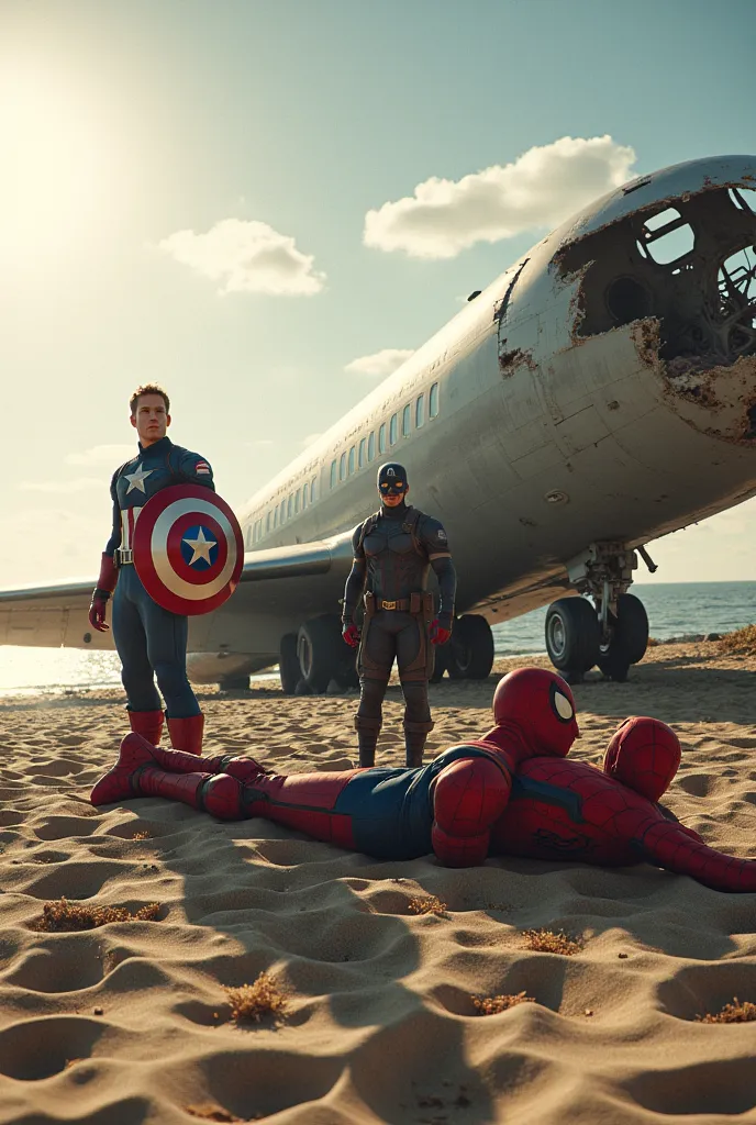 A plane is crashing near the seashore. Lying on the sand beside it are Captain America, Spider-Man, and Deadpool.
