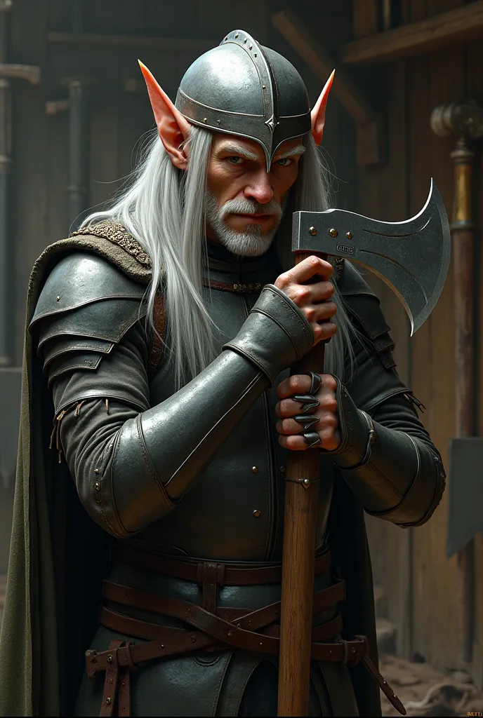 An elf man with long hair and gray color, holding a double-edged axe, trying to put on a helmet but having problems since his ears are long
