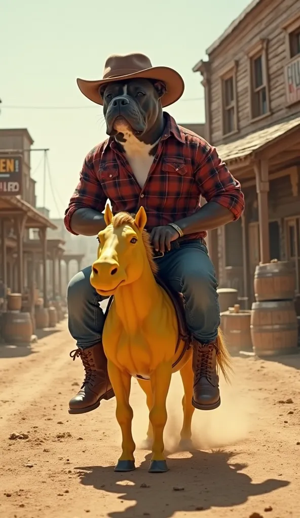 "A highly realistic and anthropomorphic large pitbull attempting to ride a small plastic toy horse in the middle of a dusty western town. The pitbull is fully dressed in a cowboy outfit, wearing a brown leather cowboy hat with a slightly tilted brim, a red...