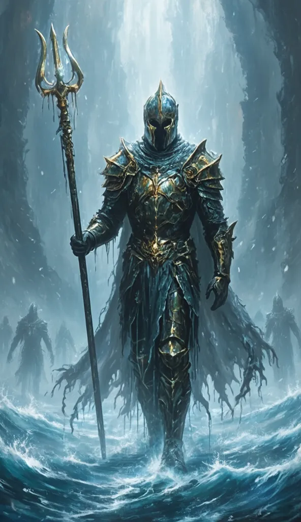 "A tragic warrior cursed by the abyss, his once-golden armor now corroded and covered in barnacles. He walks forward with water dripping endlessly from his form, his tattered royal cape floating unnaturally as if submerged. A long, ghostly trident hums wit...