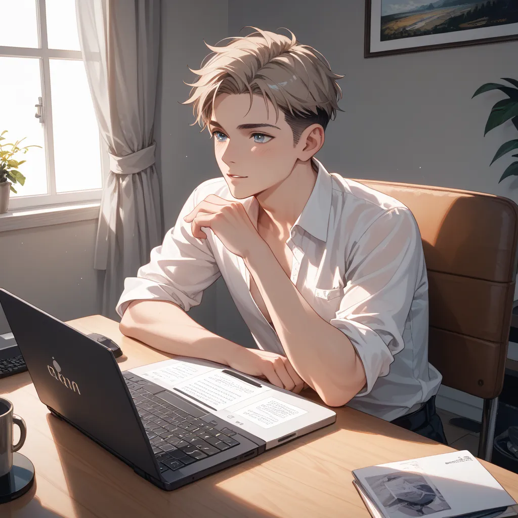 A cartoon illustration drawn in a simple, clean style with soft lines and muted colors. It depicts a young man with black hair and light skin. He is sitting at a light brown table and using a gray laptop computer. The man is wearing a light gray long-sleev...