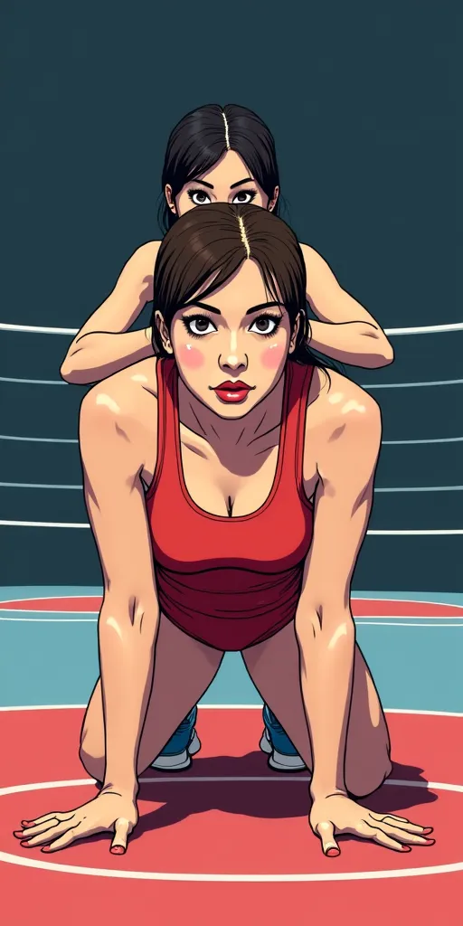 ultra detail, anime style. Match from the nineties . a female in a red freestyle wrestling singlet is on all fours in the center of the mat, and a female in a blue freestyle wrestling singlet is holding it from behind