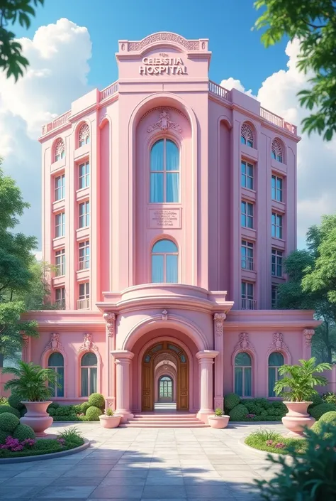 pink hospital with a name of Celestia Hospital 