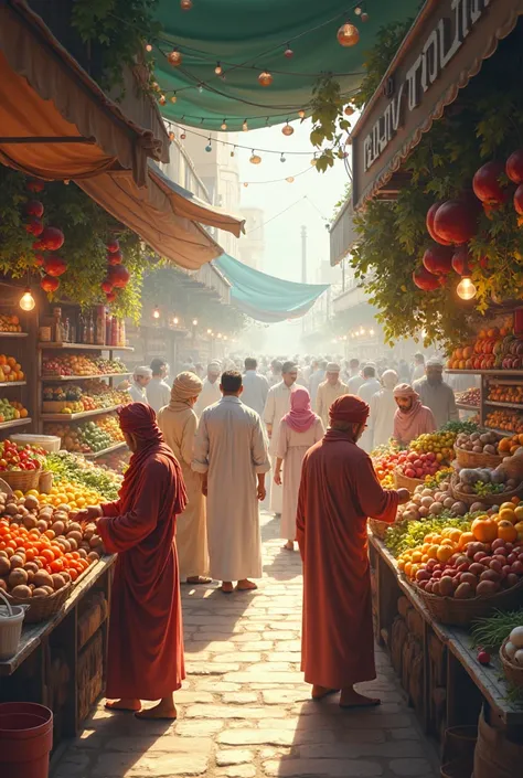 Some Omani people buying fruits and vegetables in a grocery shop