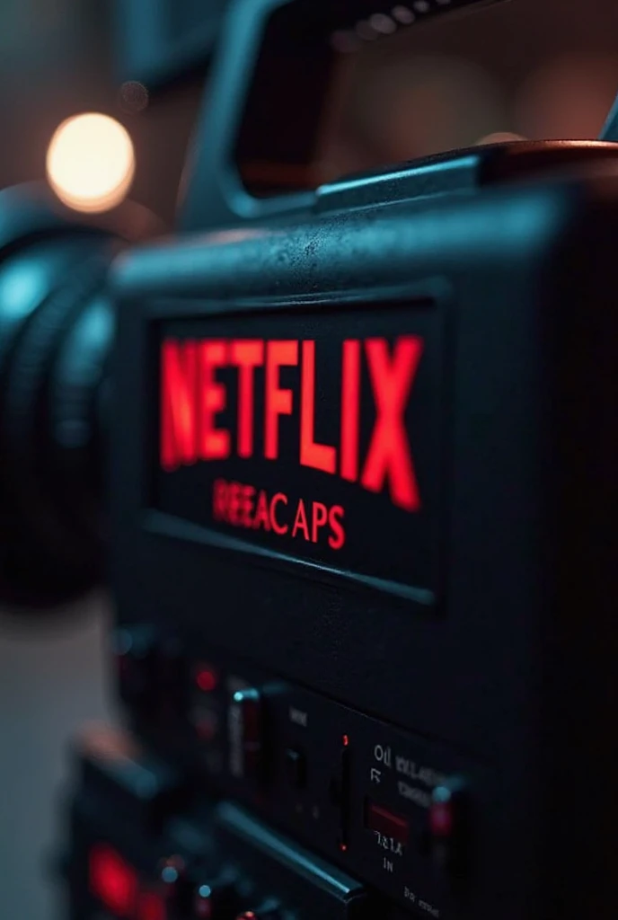 "Create a high-quality logo design for 'Netflix Recaps' displayed on a professional movie camera. The camera should be sleek and modern, resembling high-end film production equipment. The 'Netflix Recaps' logo should be prominently featured on the side of ...