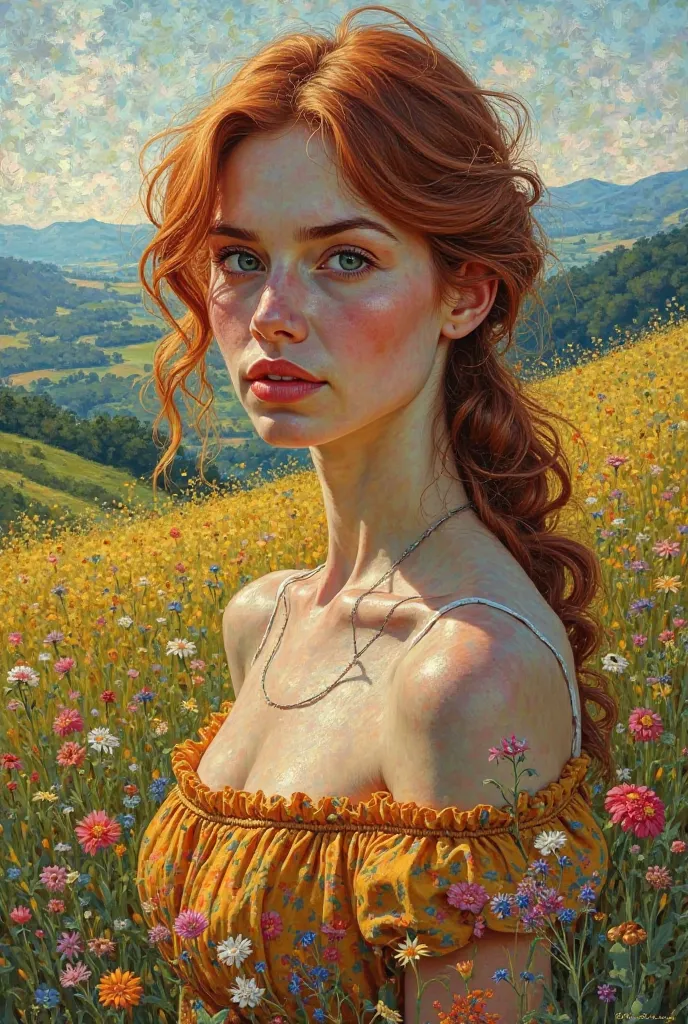 Beautiful italian lady in an beautiful landscape of Umbrië, Vincent van Gogh style,8k, dynamic lighting, ultra detailed. Oil painting, spring, flower

