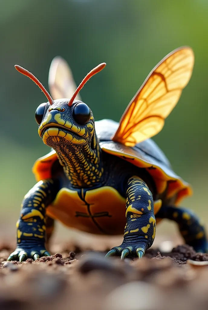 "A highly detailed, realistic hybrid creature combining features of a turtle and a bee. This unique being has the sturdy, textured shell of a turtle, but with a streamlined, aerodynamic shape. Its legs resemble a turtle’s but are slightly more agile, with ...