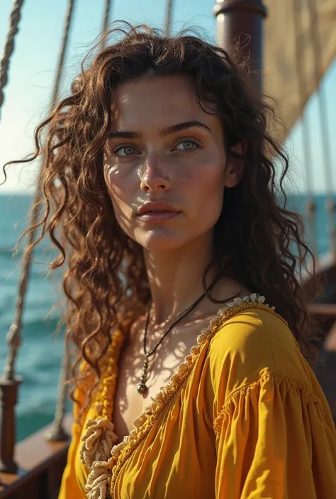 A pirate of a.55 (  show full body) On a ship looking at the horizon , curly brown hair up to the length of the neck ,has a unique and striking face, with angular and ethereal features. Your look is one of the most distinctive aspects of your appearance.  ...