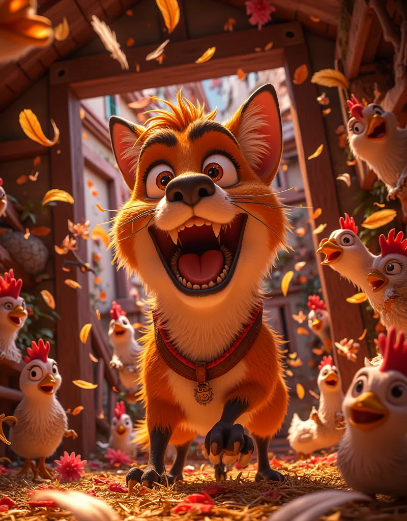 {{A ((chaotic and hilarious)) depiction of {((a mischievous fox wreaking havoc inside a chicken coop, with terrified chickens running in all directions, ((feathers flying wildly through the air:1.3)))}}} with {((the fox smiling mischievously as the feather...