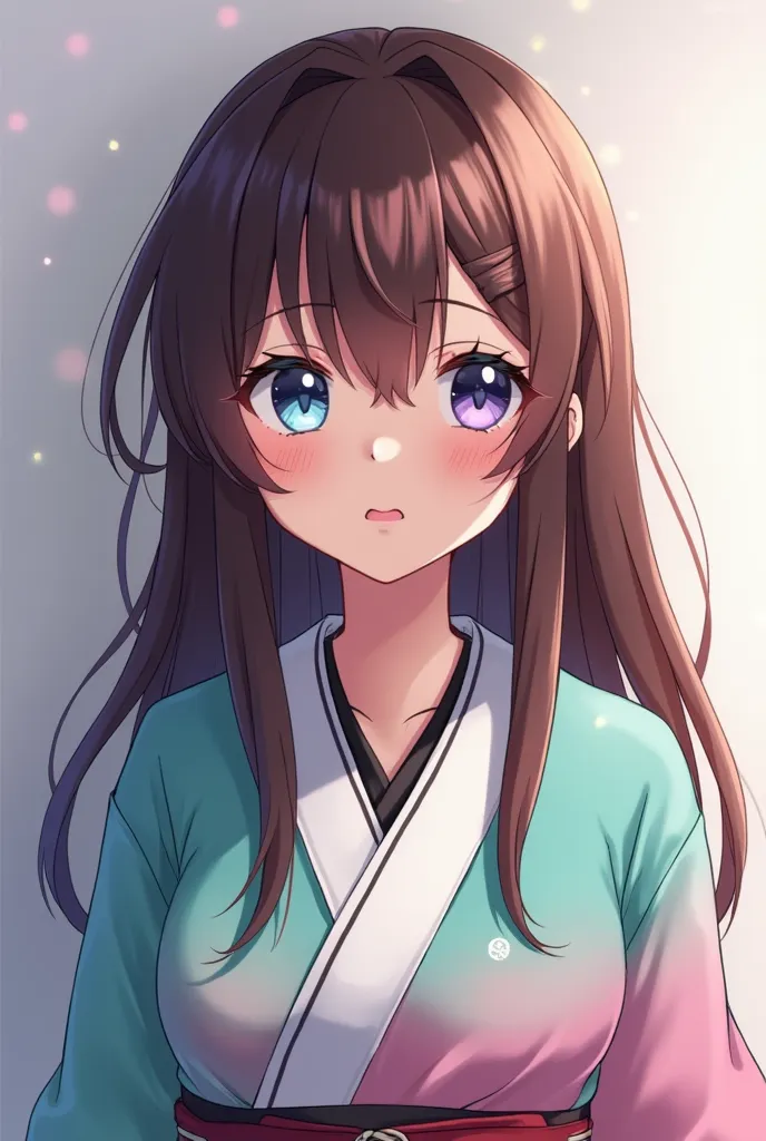 anime girl with brown long hair and one eye very light blue and the other very light purple she wear an arabian tirara ginshin style a bit of dark skin wearing a mini kimono degrade light turqwaze and light pink her kimono is dowen her shoulders wearing un...