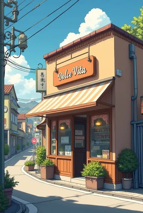 Create a drawing image Animated anime of a coffee shop on a busy street. The coffee shop is the average focal point, with a brown facade and a sign that says "Dolce vita" In medium letters on a sign. There are some potted plants in front of the cafeteria w...