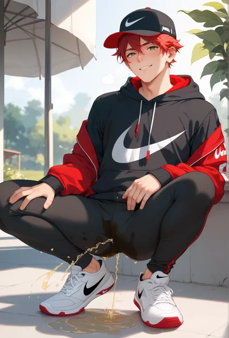 LiaqN.Red haired man.Handsome.Wearing a red Nike hoodie cap Black Skinny Pants Nike Sneakers.He couldn't hold his pee. There is a large pee wet spot on his crotch. Pee stain on his pants. Pee wet spot on his crotch. He is ashamed of peeing himself