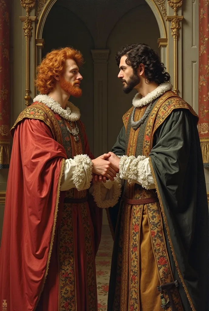 classical painting, Renaissance of two barons, a red-haired man and a black-haired man shaking hands