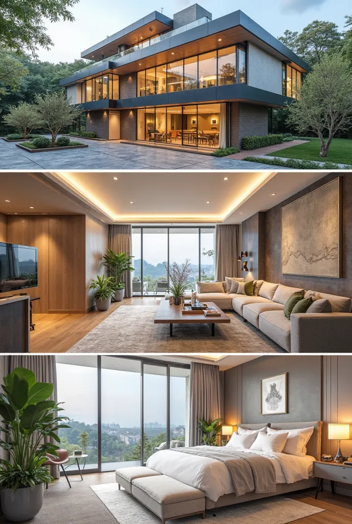    beautiful design collage   , Present a modern feel   , Modern corporate headquarters  .   Collage ， Show the following view   :  and[xterior of the three-storey room ,   with landscape design front yard   , Bright and spacious lobby,   with modern furni...