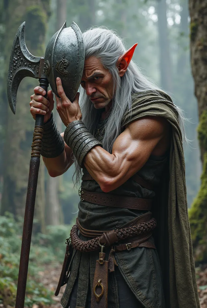 an elf with long hair and gray color, holding a double-edged axe, with a worried expression because he is trying to put on a helmet but having problems since his ears are long
