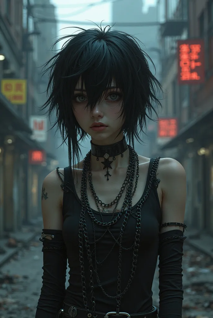 make an emo character in black clothes, Chains and black hair