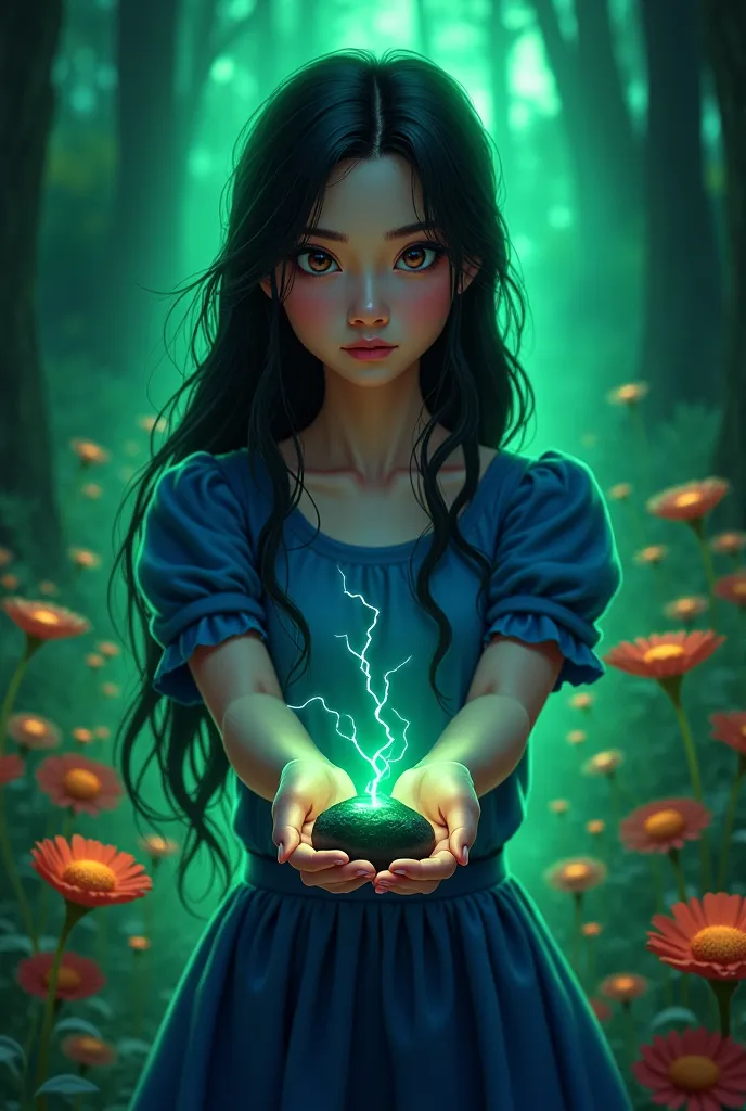 digital illustration of a young beautiful lady with long black hair wearing a blue dress, her two hand holding a lightning glowing green very small black stone in the dark forest. scattered of lightning glowing green and orange surrounded his body.  the ba...