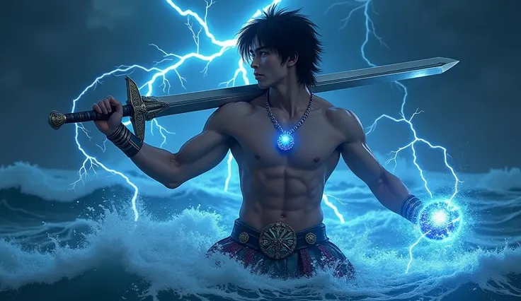 a ager shirtless hunk handsome good looking young man with short long black hair, his left hand holding a thunder long sword while in his left hand was a magical thunder ball. wearing a lightning magical necklace with sparkling blue stone pendant. he is in...