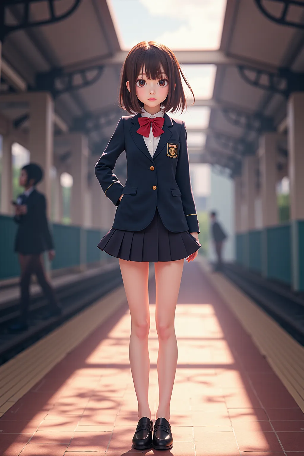 　 best image quality、score_9,  score_8_ up 、masterpiece、from below、1 Japanese girl、female high school students、uniform、 blazer、panties、Thigh Highlighted、loafers、station、stage、