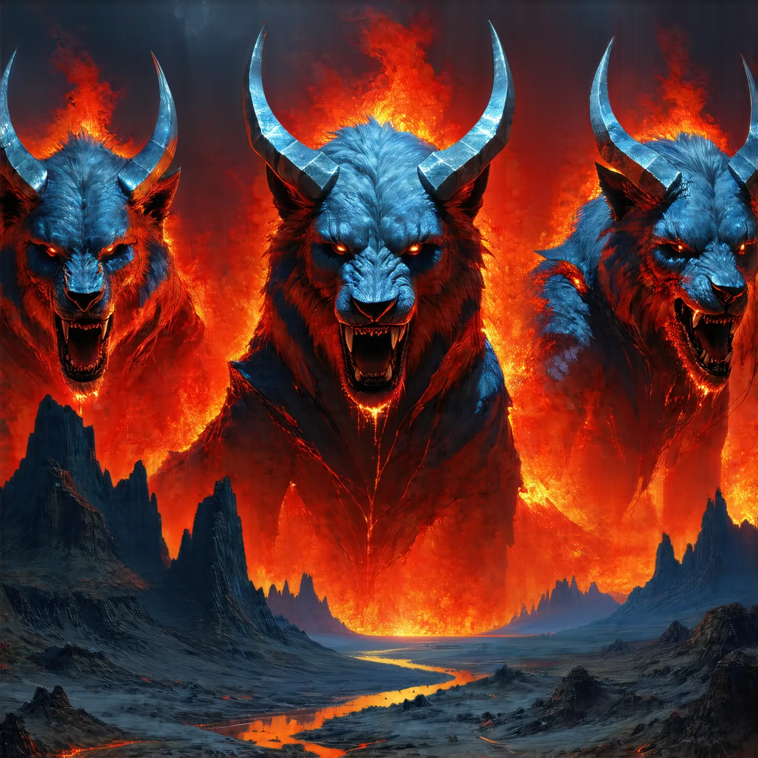 (photorealism:1.4)A cerberus , three heads, rosring, on a hellish landscape, best quality, madterpiece