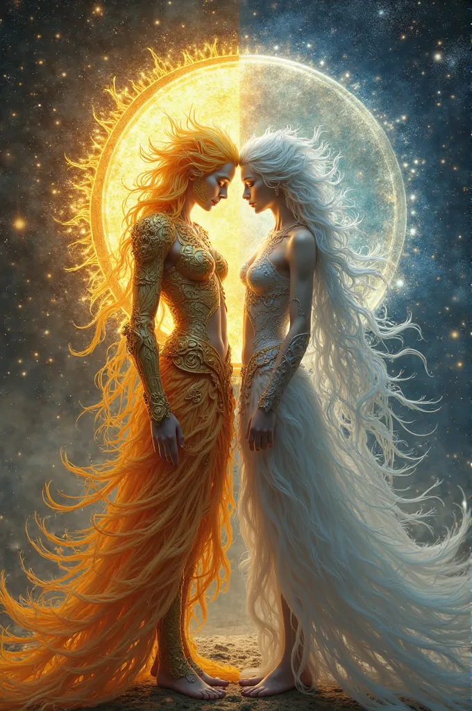 “Create two mythical humanoid beings representing the Sun and the Moon in a highly detailed fantasy style.
	1.	The Sun – a radiant male or female figure emitting warmth and light. Their skin is golden or bronze, and their hair resembles flames or solar ray...