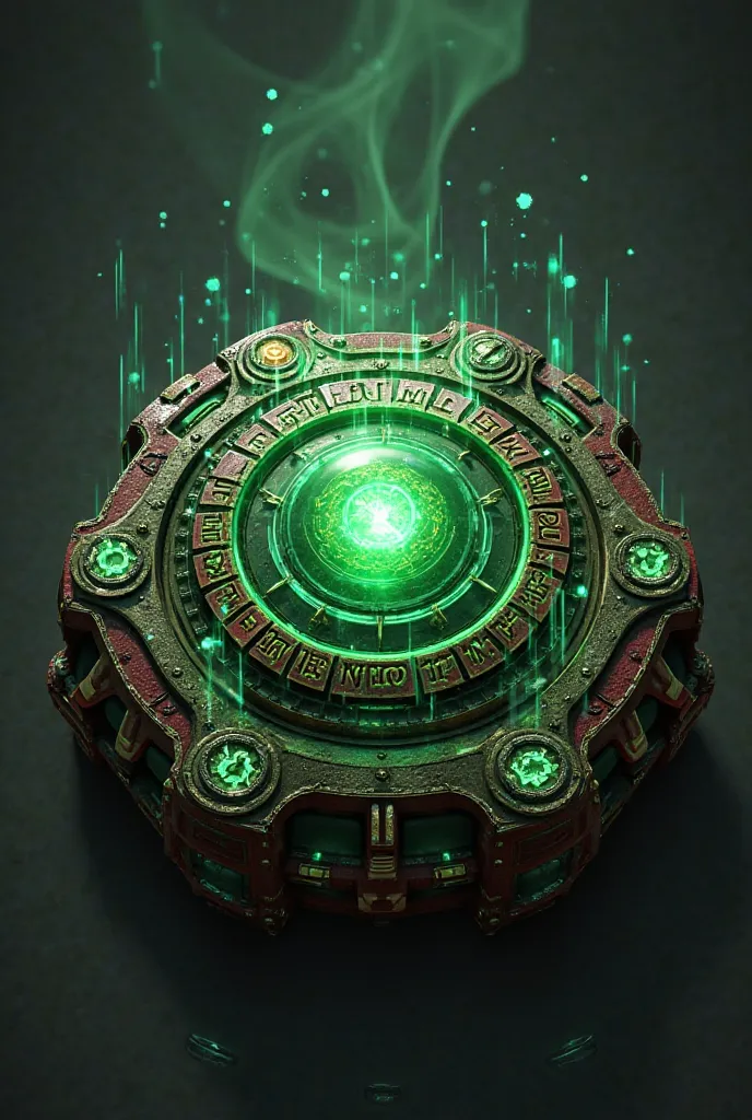 The device is a redesigned version of the Omnitrix with a mystical aesthetic. Its structure is robust and presents a combination of emerald green and dark red. Around its central sphere, runic inscriptions shine that form a circular pattern. Small streams ...