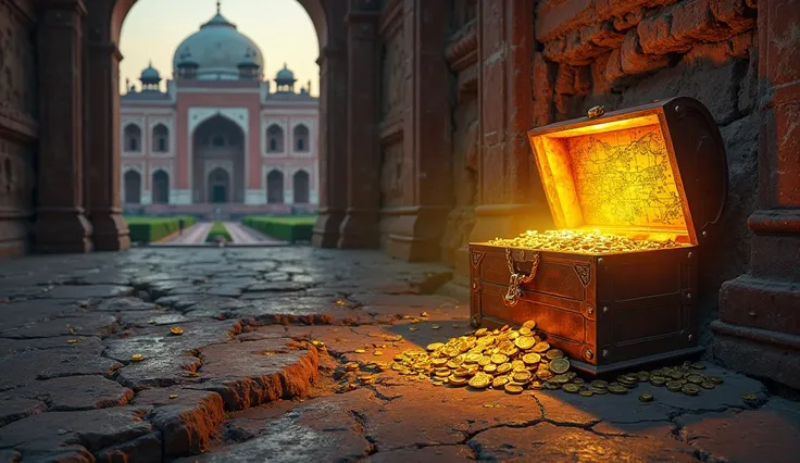 Scene: A mysterious hidden treasure chest glowing with golden light inside Badshahi Mosque, partially buried under the floor or hidden behind an ancient stone wall with cracks. The background should feature Badshahi Mosque at sunset, giving it a historical...