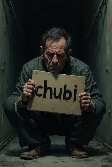 A man with a sign on the "Chubi" it says, is in a cellar and is sad. He cries bitterly and tears flow