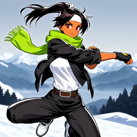 1girl, dark skin, black hair, ponytail, hair between eyebrows, red eyes, green scarf, confident smile, she is wearing ((black jacket with rolled up arms)), open jacket, black fingerless gloves, white T-shirt, (( white headband)), black long pants, white shoes, brown belt Wearing, (posed jumping), :3, viewer looking, snowy landscape, snowy mountains, masterpiece, top quality, high resolution, very aesthetic