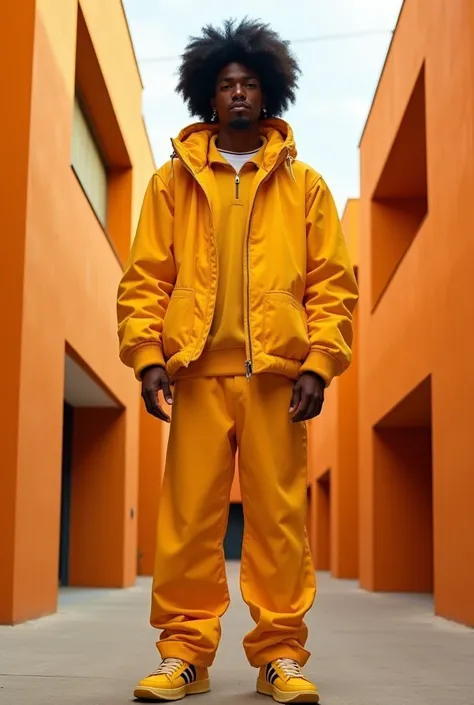 gros plan d'un homme Afro de 28 ans, grand et avant-gardiste, portant des vetement avec un look pop, avec des silhouettes surdimensionnées et structurées, des formes audacieuses et non conventionnelles, dans des tons coloré entre jaune et orange , des couc...