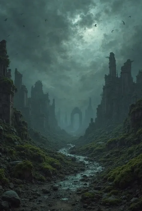 A dark and decadent landscape, in a world plagued by darkness and ruin. Ruins of ancient civilizations emerge from the shadows, covered by mist and moss, while the sky is a whirlwind of dense and oppressive clouds. The environment conveys a sense of isolat...