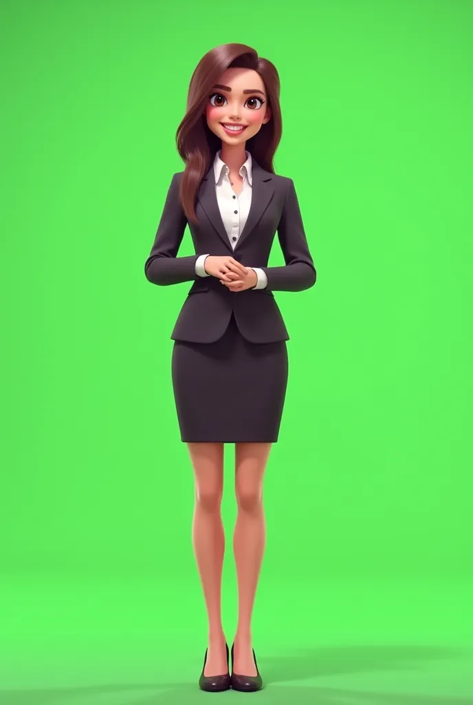 Help design a beautiful female presenter with a mix of cuteness and a trustworthy personality. and dress formally Standing beautifully, full body, background is plain green. is a character who It's animated but realistic.