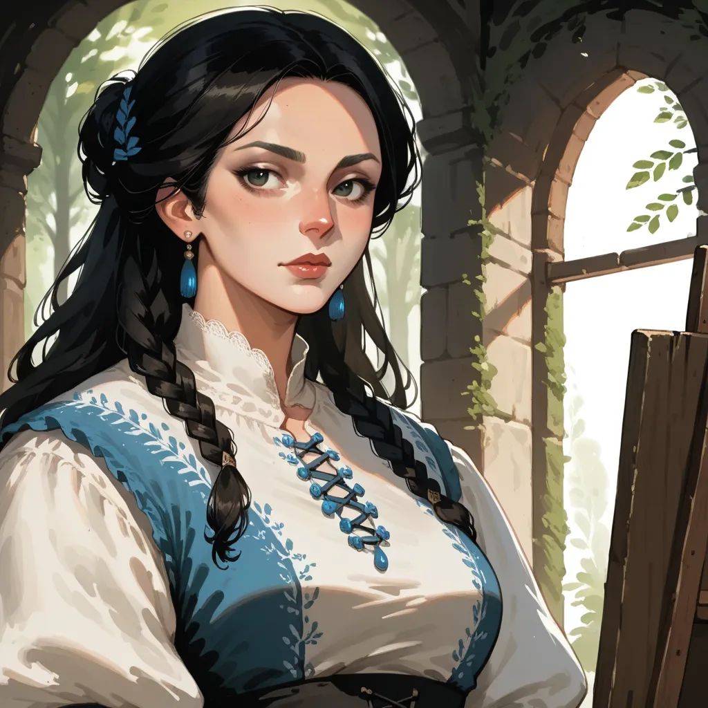 score_9, score_8_up, score_7_up,1girl, gorgeous, mature, black hair, long_hair, wearing a vibrant long peasant medieval dress, detailed clothing, sketches, darkrealmone, flat painting, msmln 