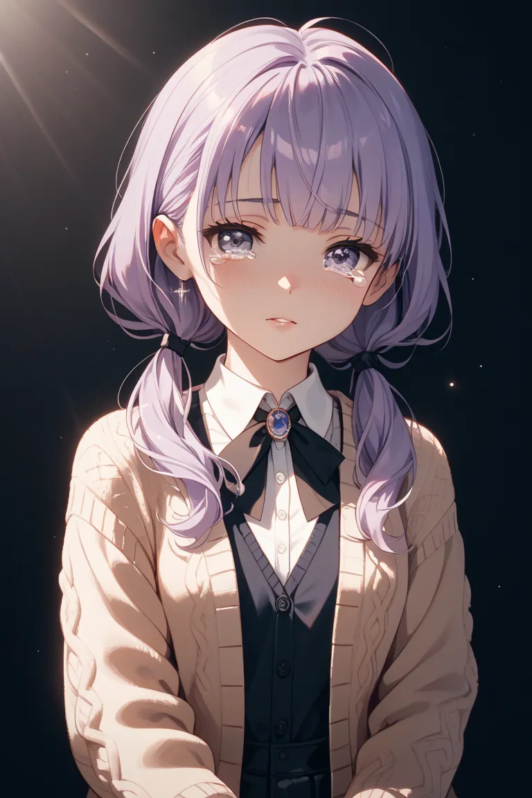 Girl with light purple hair wears a thin cardigan with low twin tails, no ears, tears under her left eye, black ribbon