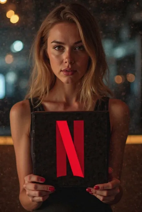 "Generate a high-quality image of a beautiful, stylish young woman with a confident expression, looking straight ahead while holding the 'Netflix Recaps' logo in her hands. The logo should be bold and cinematic, featuring a red and black color scheme inspi...