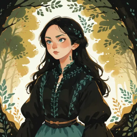 score_9, score_8_up, score_7_up,1girl, black hair, long_hair, wearing a vibrant long peasant medieval dress, detailed clothing, sketches, darkrealmone, flat painting, msmln 