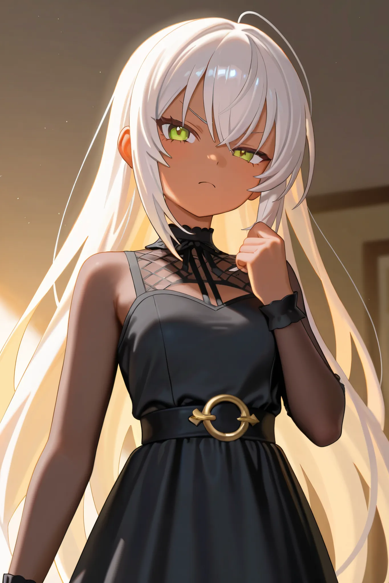 NSFW,masterpiece,Highest quality,High Resolution,very detailed, short girl,Dark Woman, Silver Hair,short hair,One eye is covered by bangs