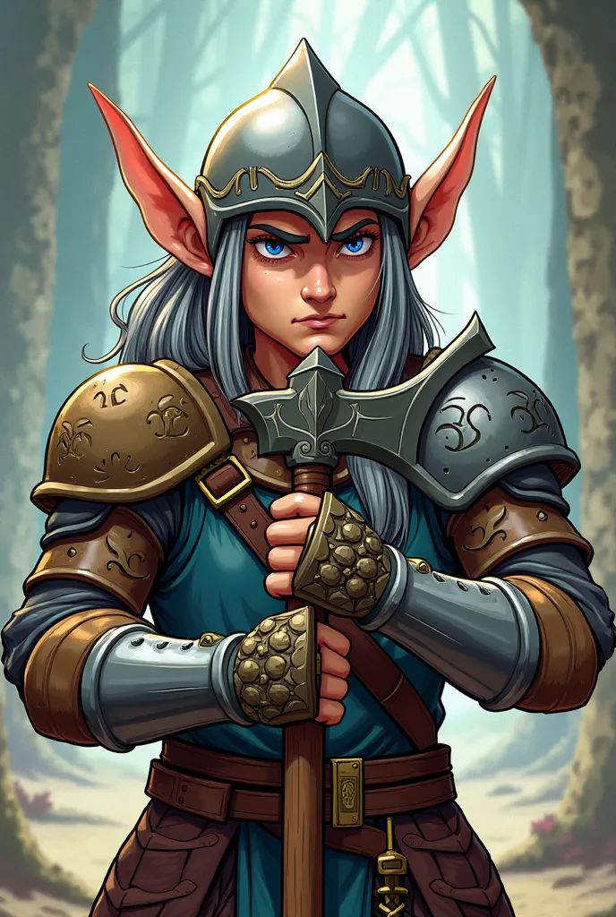 an elf with long hair and gray color, holding a double-edged axe, with a worried expression because he is trying to put on a helmet but having problems since his ears are long. In comic drawing style
