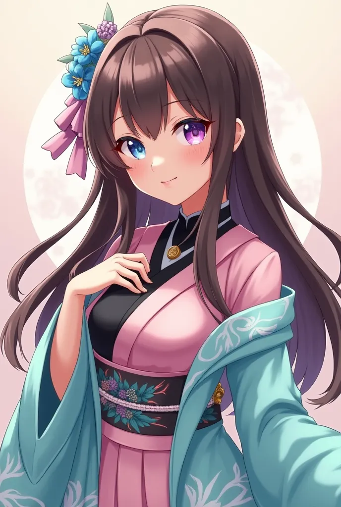 anime girl with brown long hair and one eye very light blue and the other very light purple she wear an arabian tirara ginshin style a bit of dark skin wearing a mini kimono degrade light turqwaze and light pink her kimono is dowen her shoulders wearing un...