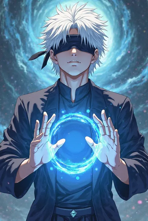 (Gojo Satoru:1.3), (signature pose:1.4), (Infinity void:1.2), (close-up portrait:1.3), (white hair:1.2), (blindfold:1.3), (piercing blue eyes:1.5), (calm expression:1.3), (confident demeanor:1.2), (jujutsu sorcerer uniform:1.2), (detailed hands:1.3), (intr...