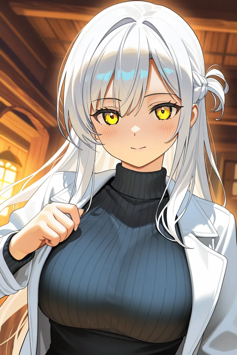 Silver Haired Girl　Age 15　　Side hairstyle　 yellow eyes　　cool　Calm　Smile　anime　comics　heroine　medium breasts　　One person　perfect fingers　Perfect Anatomy　　　　　　Mysterious　　Northern Europe　 White Coat