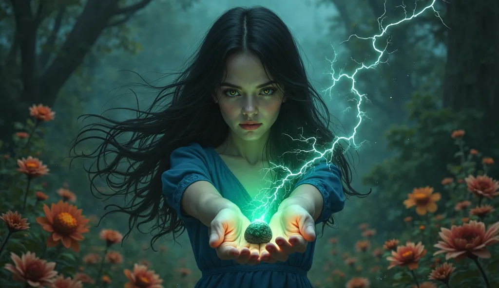 digital illustration of a young beautiful lady with long black hair wearing a blue dress, her two hand holding a lightning glowing green very small black stone in the dark forest. scattered of lightning glowing green and orange surrounded his body.  the ba...